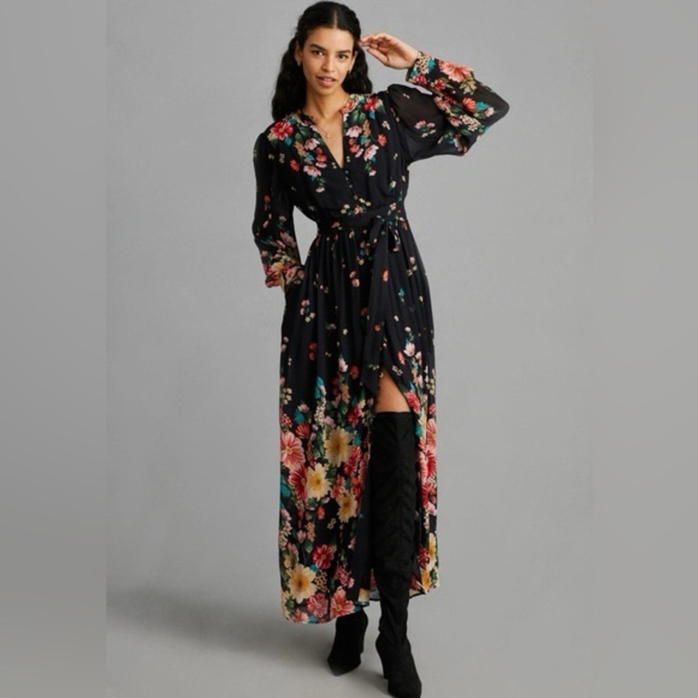 Anthropologie Black Floral Maxi Dress